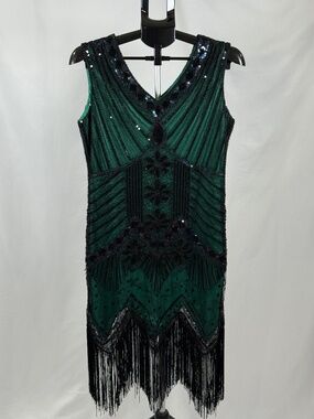 Art Deco Beaded Fringe Flapper Dress Green Black Gatsby L